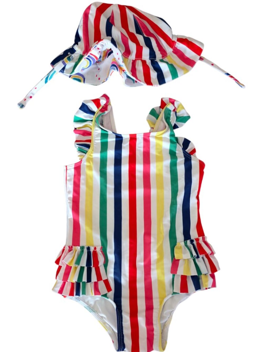 Girls Multi-Stripe Ruffle One-Piece Swimsuit with Matching Sun Hat